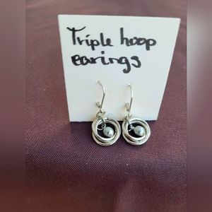 Triple hoop pearl drop earrings. Nickel free.